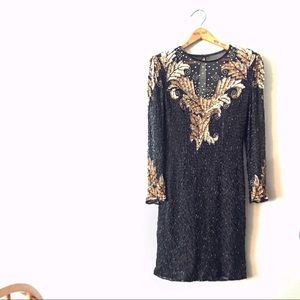 Vintage Laurence Kazar Black Gold Silk Bead Dress